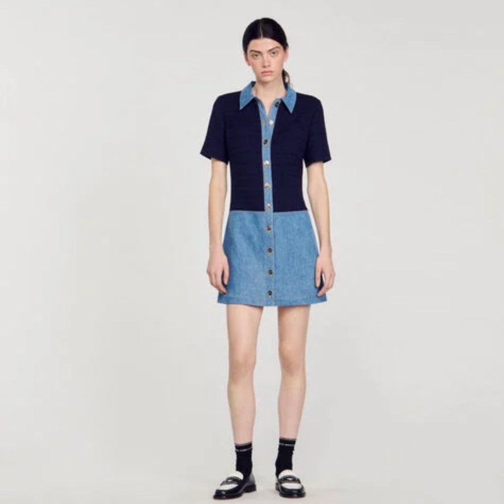 Sandro Navy and Denim Mini Dress
